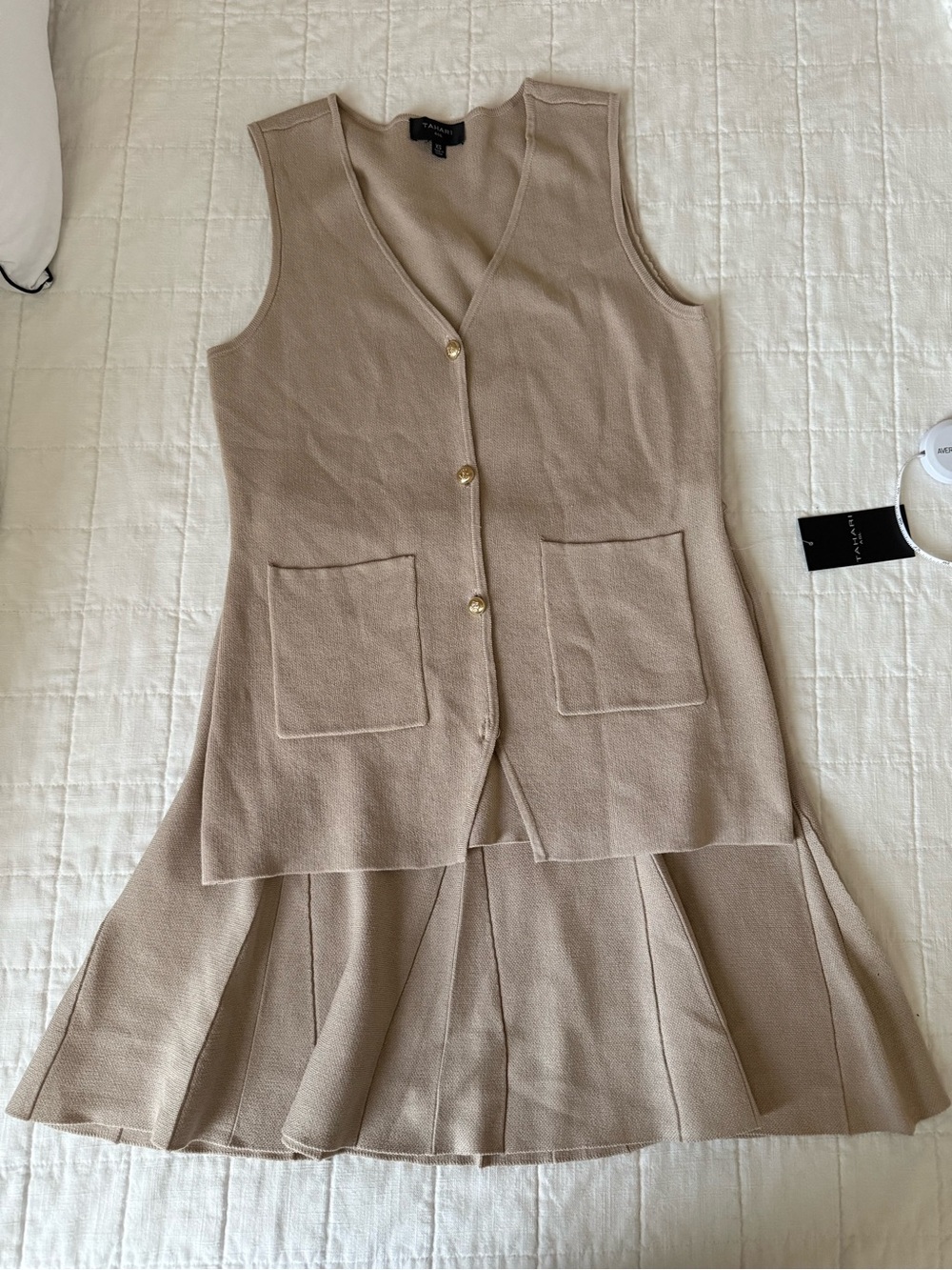 Tahari ASL Taupe Knit Vest and Pleated Skirt Set
